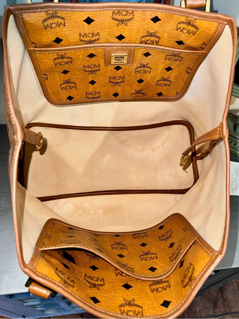MCM Cognac Visetos Tote w Orange croc embossed Stripe limited edition - GUC - Picture 15 of 16
